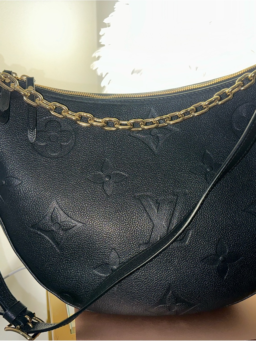 Louis Vuitton Black Embossed Leather Hobo with Gold Chain Accent